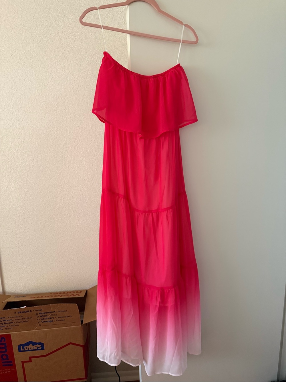 Pink Lily Hot Pink to White Ombre Tiered Maxi Dress